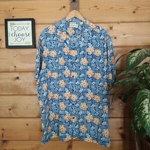 Caribbean Blue Hawaiian Floral Tropical Button Down Shirt Hibiscus Beach Size XL